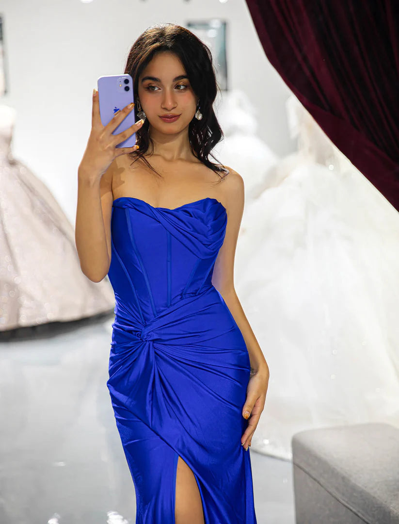 Strapless fishbone strapless irregular pleated design side slit long skirt