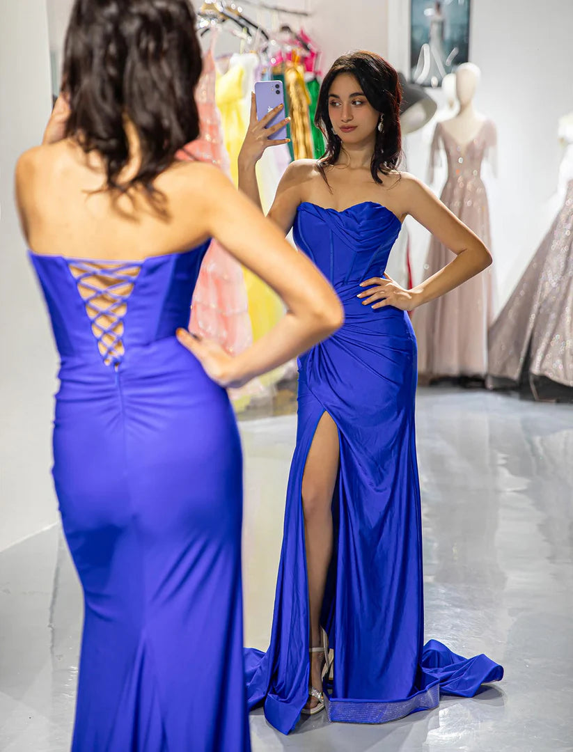 Strapless fishbone strapless irregular pleated design side slit long skirt