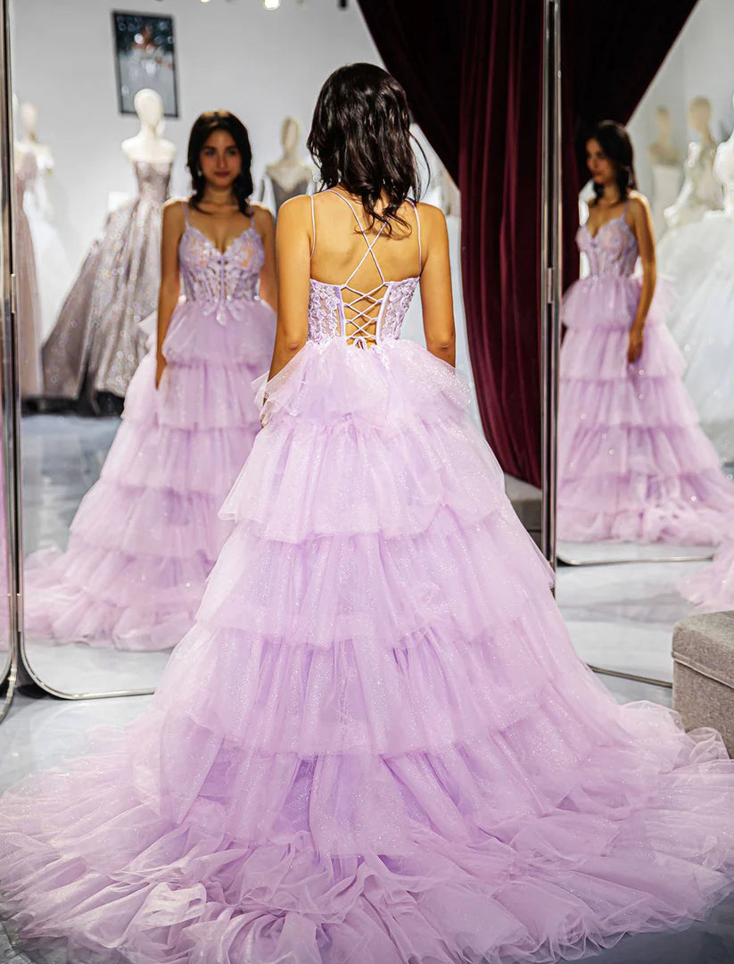 Light purple deep V-strap pleated ball gown