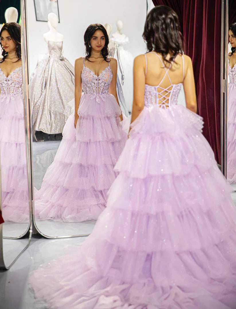 Light purple deep V-strap pleated ball gown
