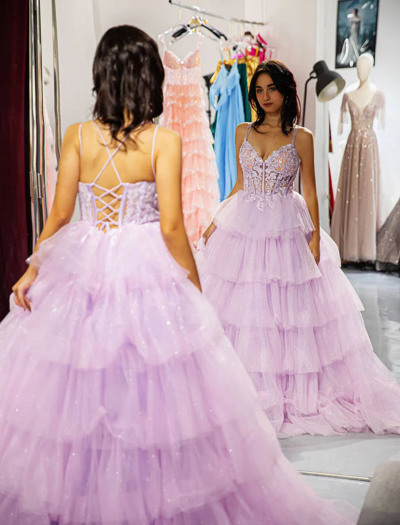 Light purple deep V-strap pleated ball gown