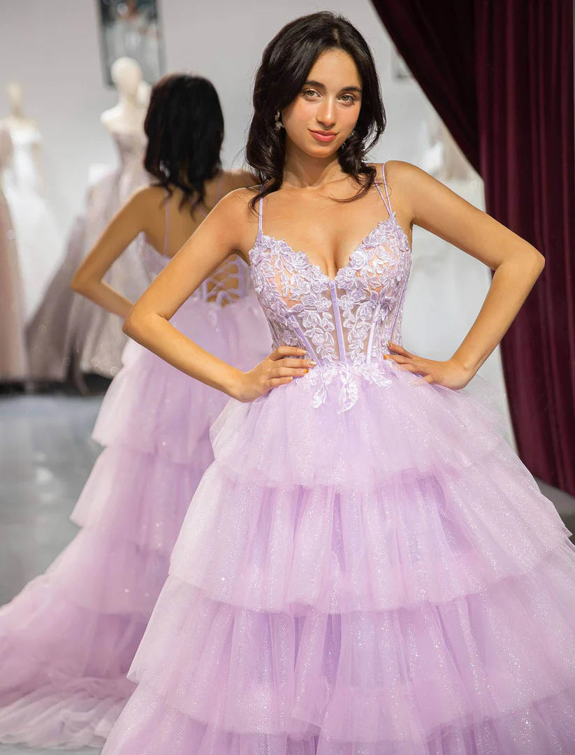 Light purple deep V-strap pleated ball gown