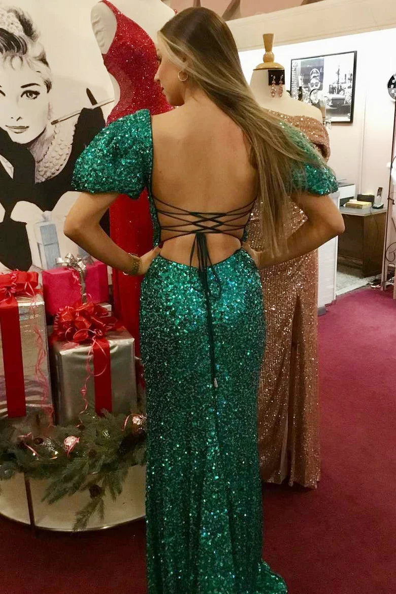 Emerald Green Sequin Square Neck Backless Mermaid Long Prom Dress
