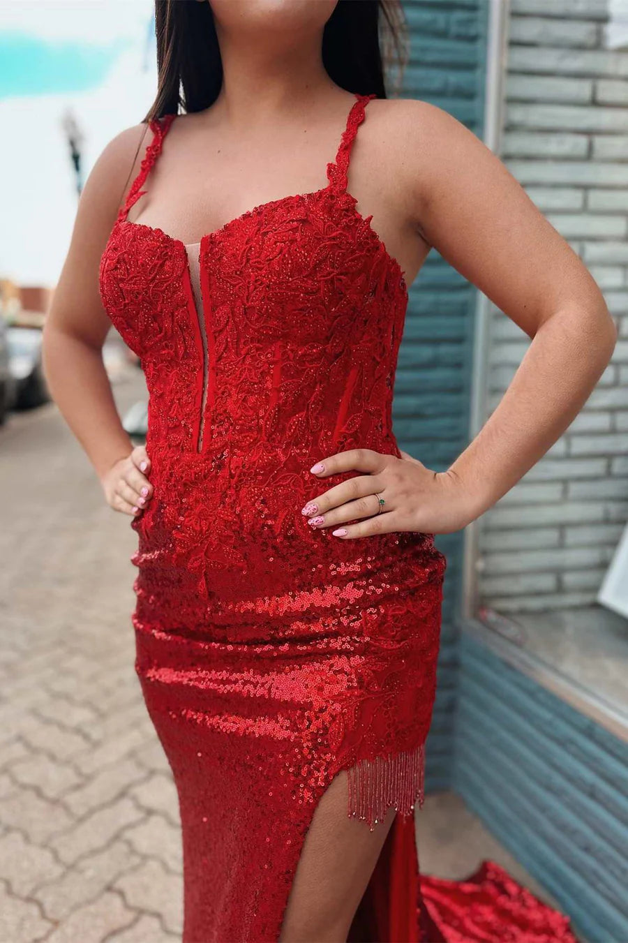 Red Sequin Appliques Sweetheart Mermaid Long Prom Dress with Slit