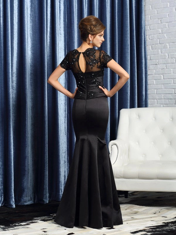 Mermaid Satin V-neck Short Sleeves Floor-Length With Applique Mother of the Bride Dresses