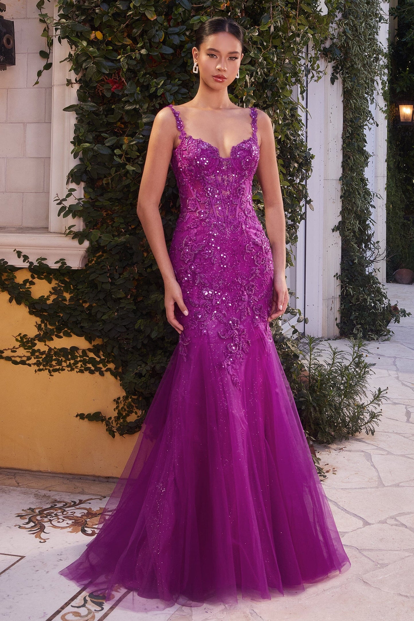 Mermaid V-neck tight corset dress with floral embroidery