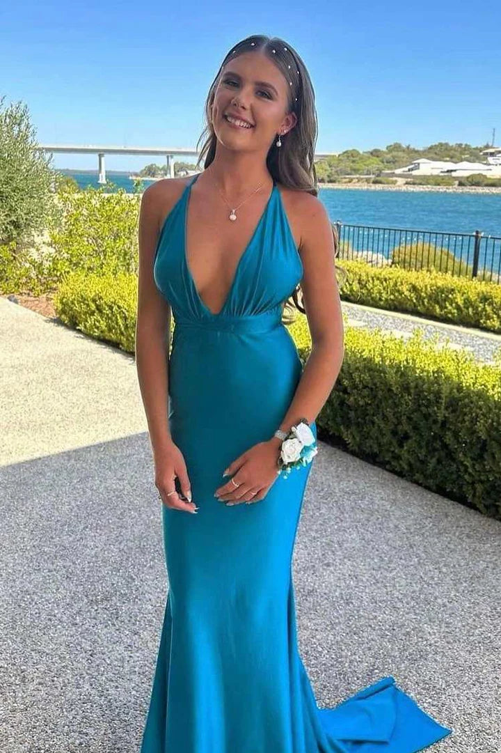 Mermaid deep V-neck sleeveless pleated satin long ball gown