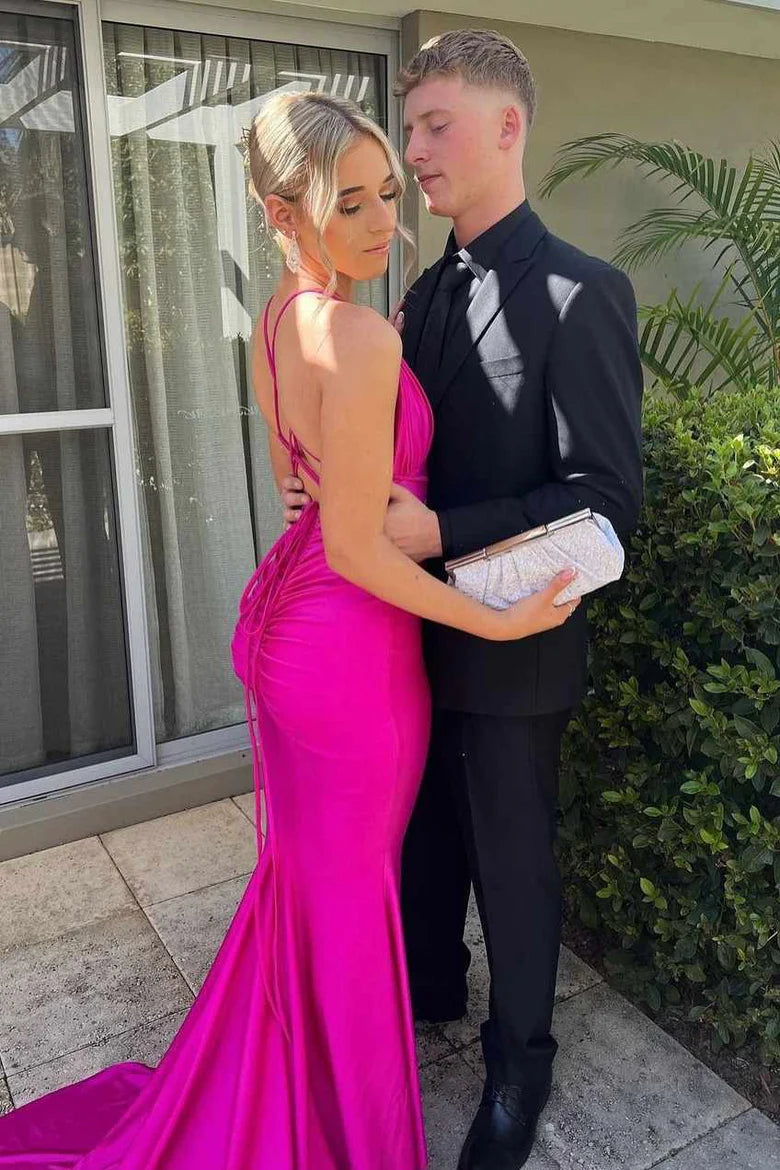 Mermaid deep V-neck sleeveless pleated satin long ball gown