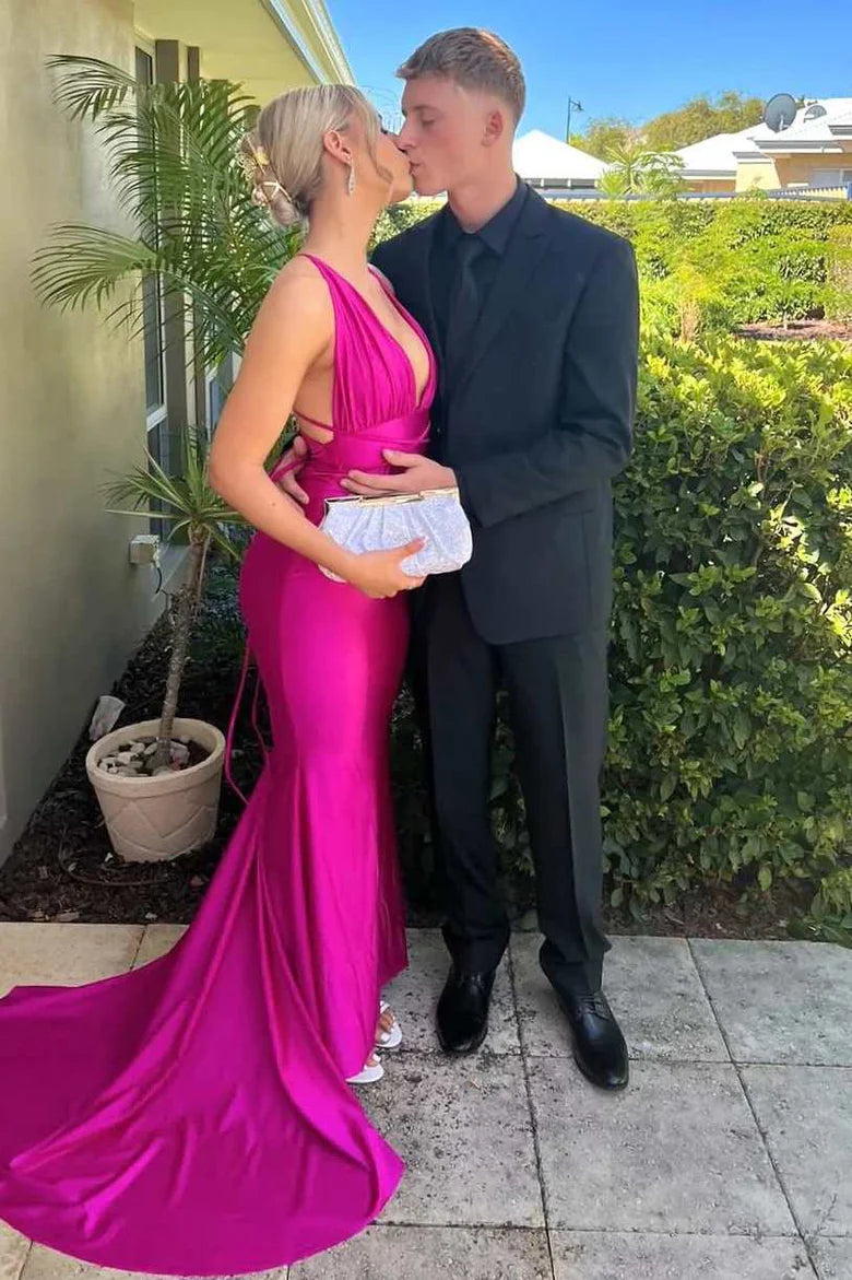 Mermaid deep V-neck sleeveless pleated satin long ball gown