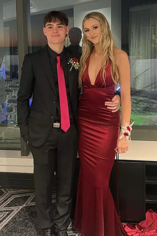 Mermaid deep V-neck sleeveless pleated satin long ball gown
