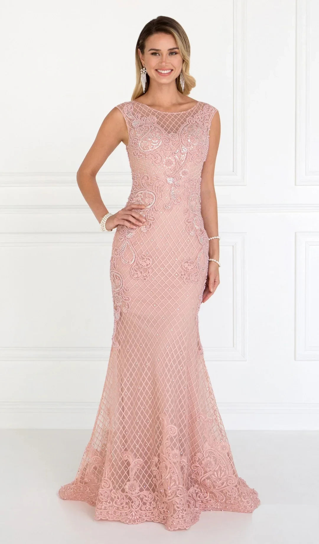 Mermaid round neck sleeveless lace applique dress