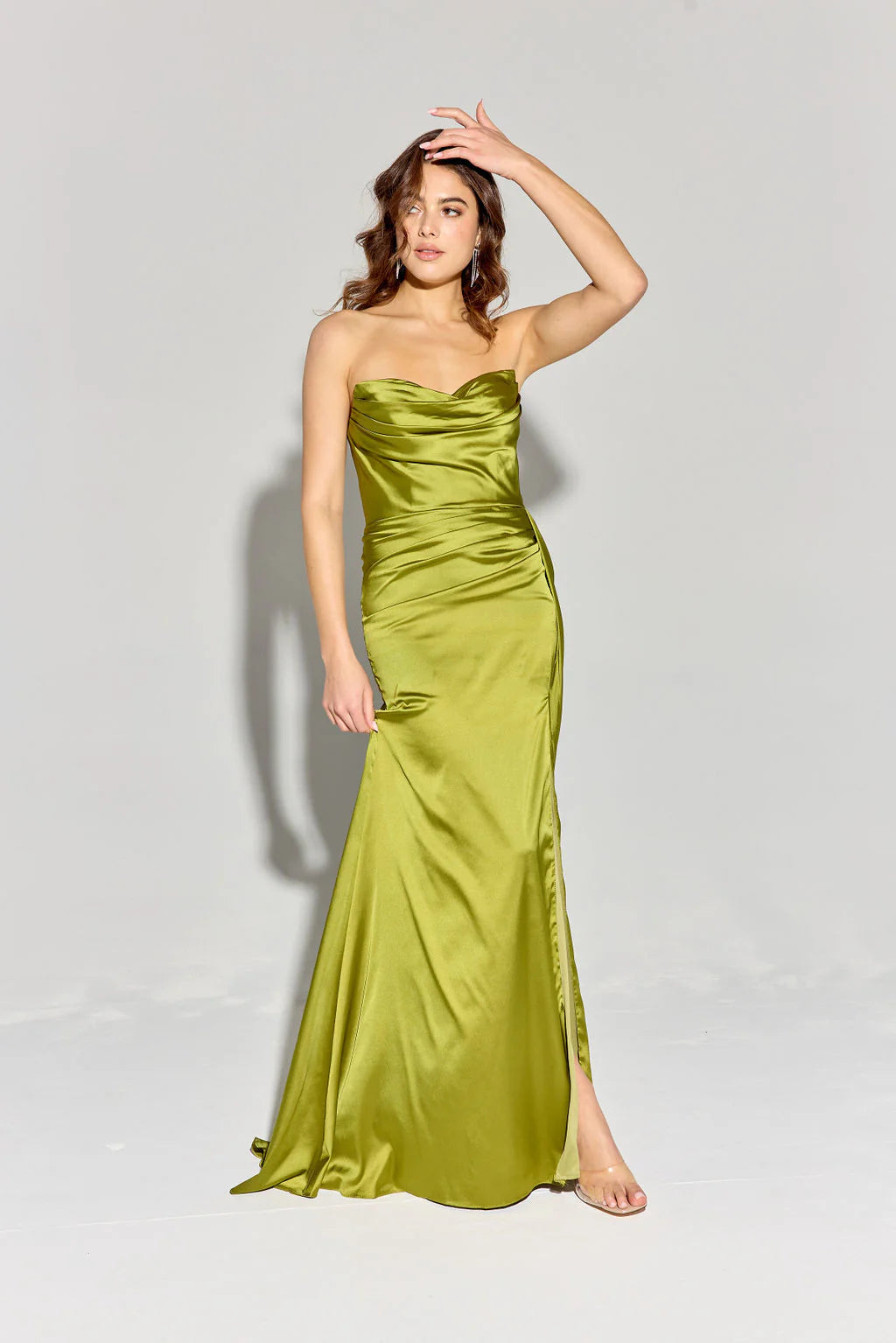 Mermaid satin strapless dress with side slit