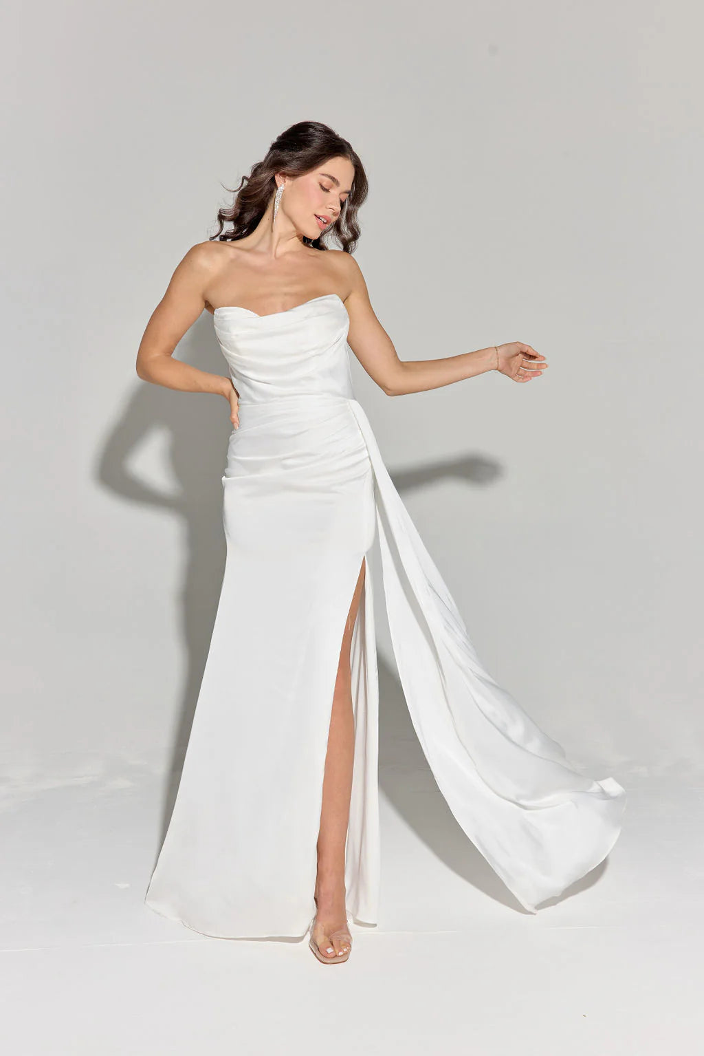 Mermaid satin strapless dress with side slit