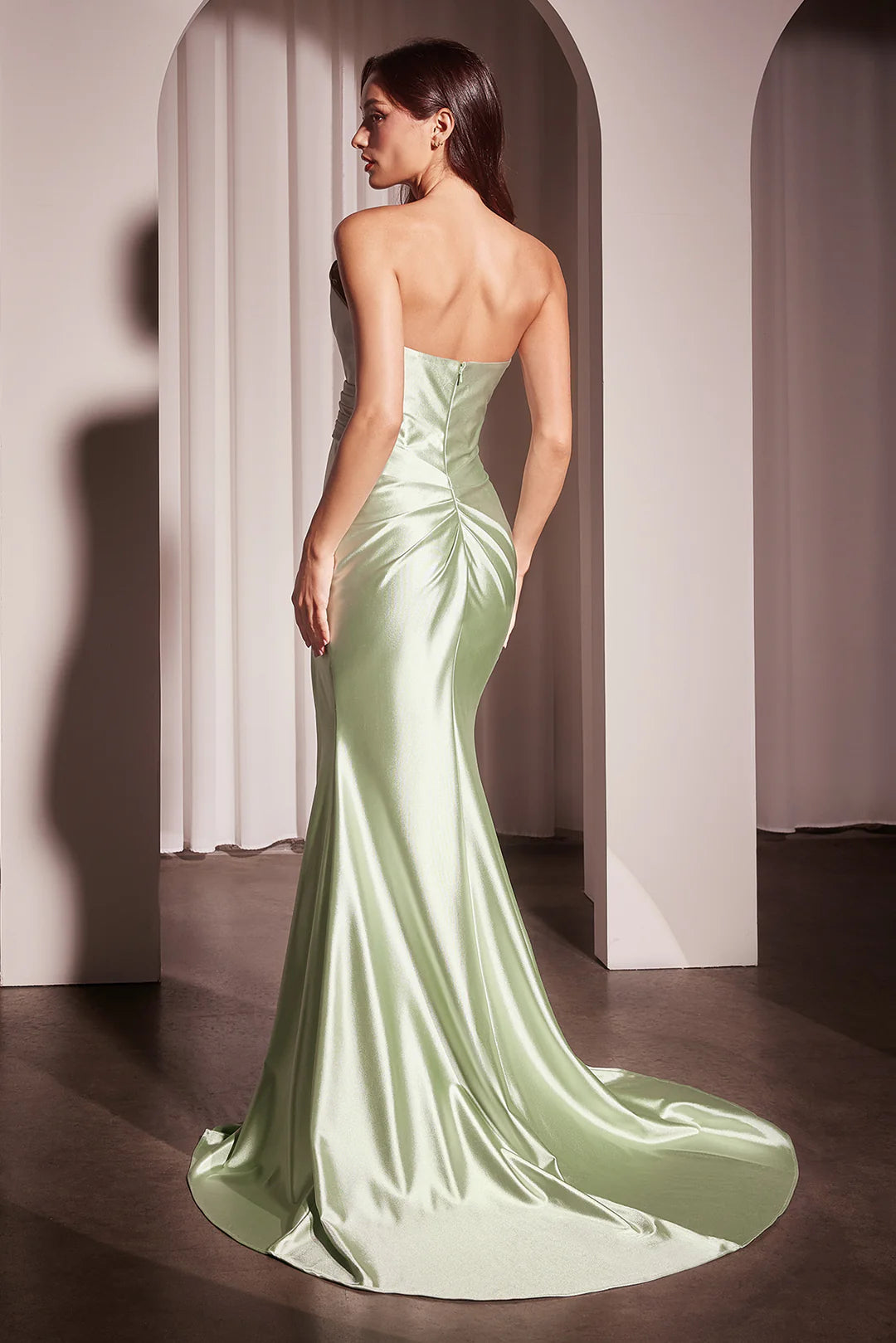 Mermaid satin strapless plaid dress with side slit
