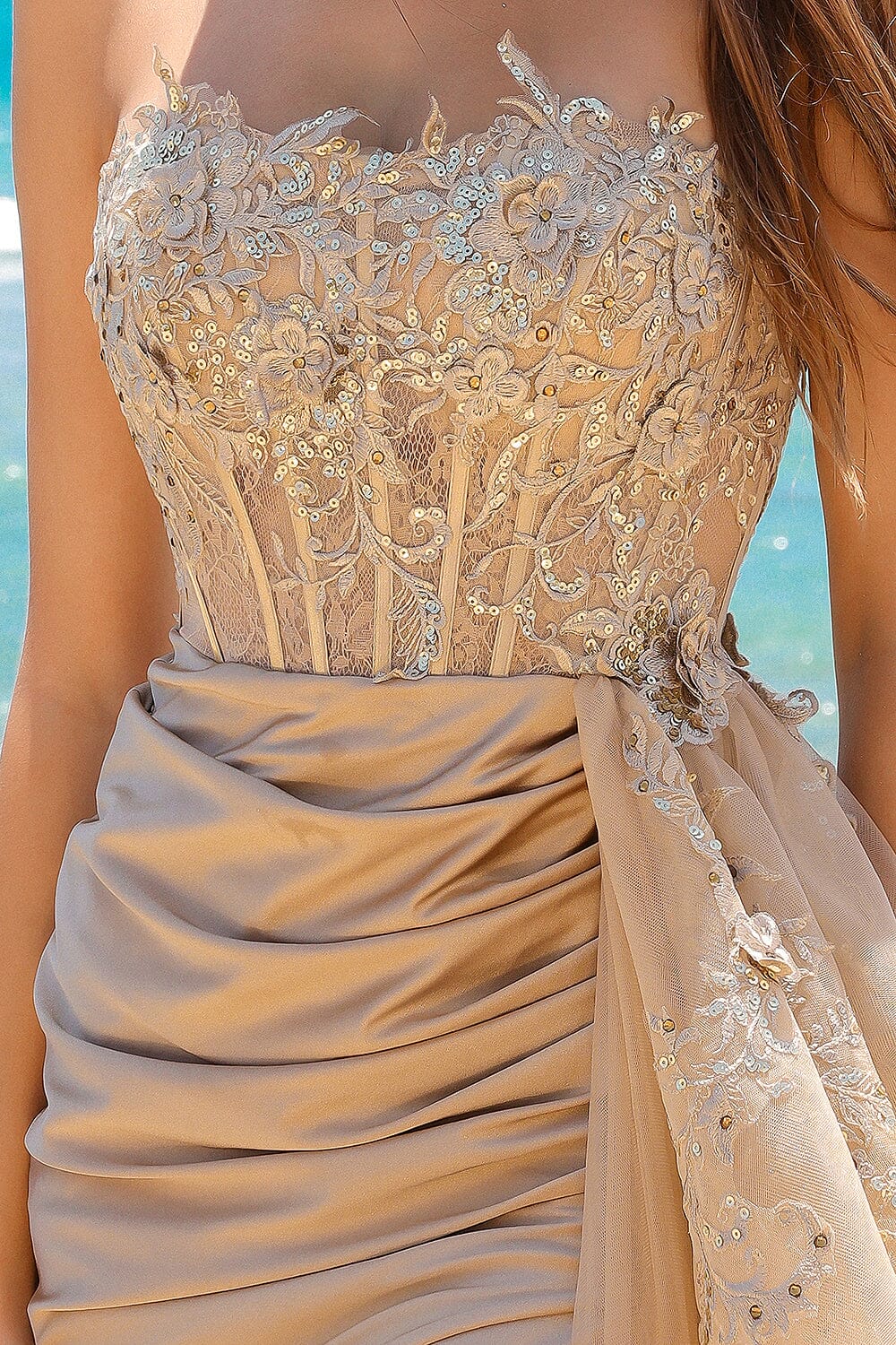 Mermaid sleeveless strapless tight corset dress, short skirt, side sheer, trailing