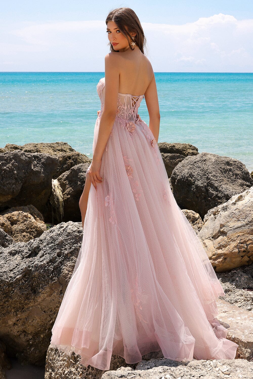 Mermaid strapless tight fitting transparent corset dress with sheer tail and three-dimensional flowers