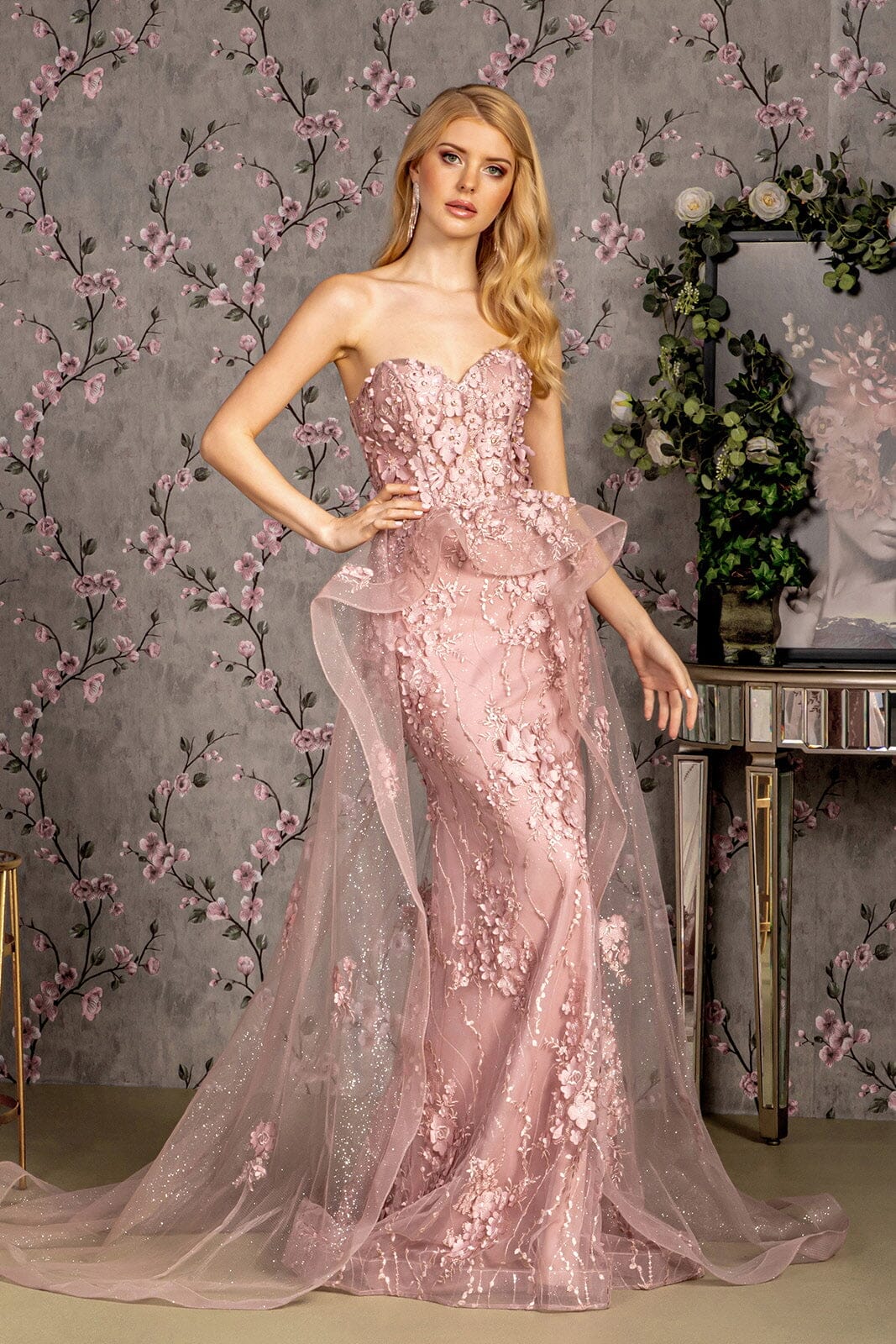 Mermaid three-dimensional flower strapless tight corset dress with tail