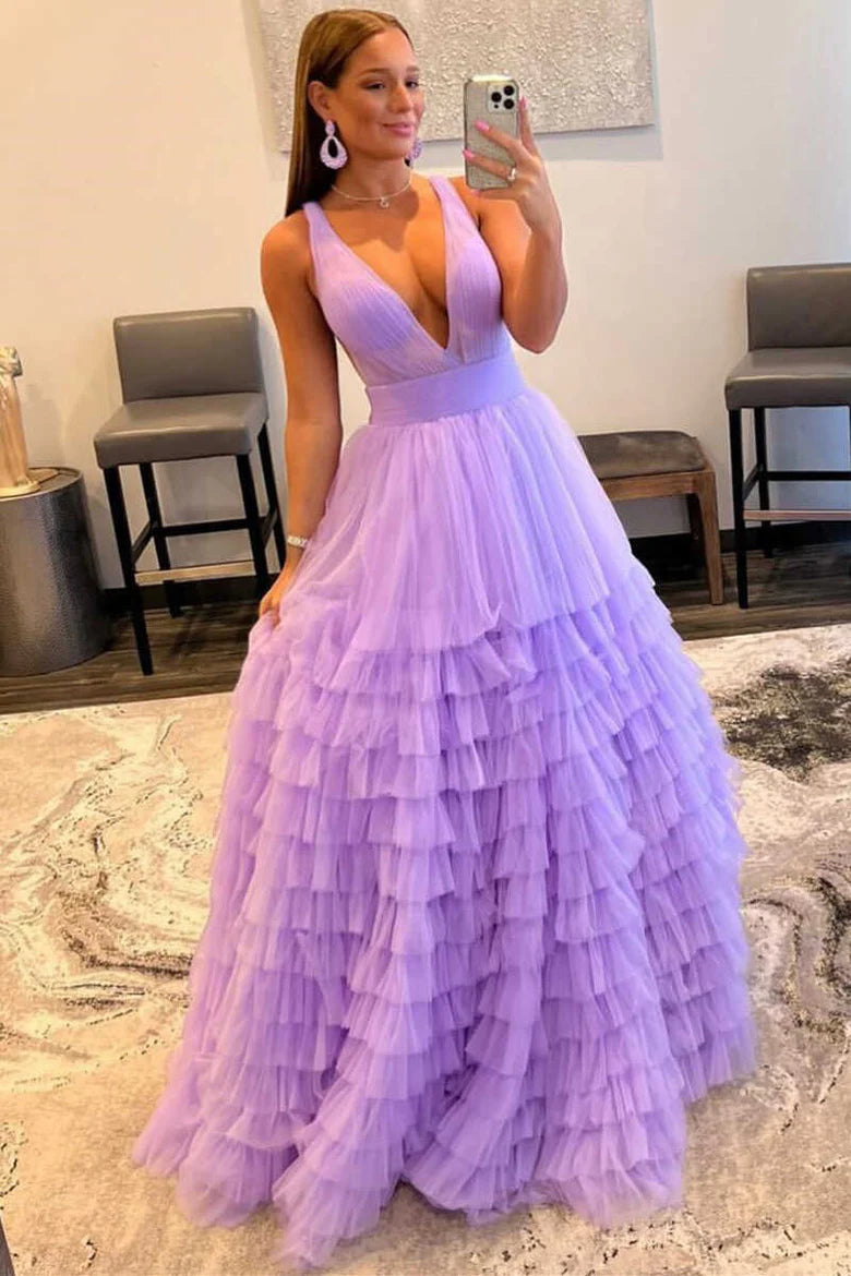 Multi layer low cut A-line long ball dress