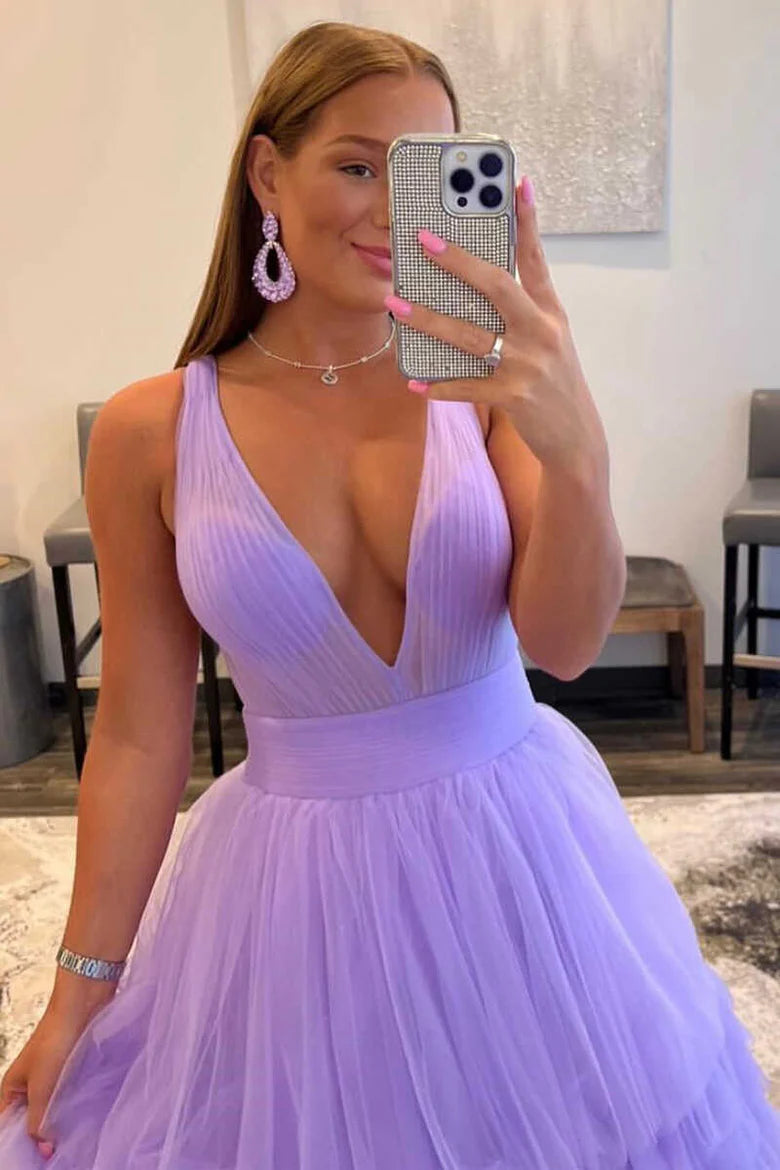 Multi layer low cut A-line long ball dress