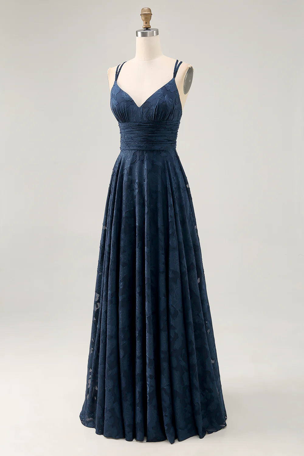 Navy A-Line Spaghetti Straps Ruched Floral Floor Length Dress