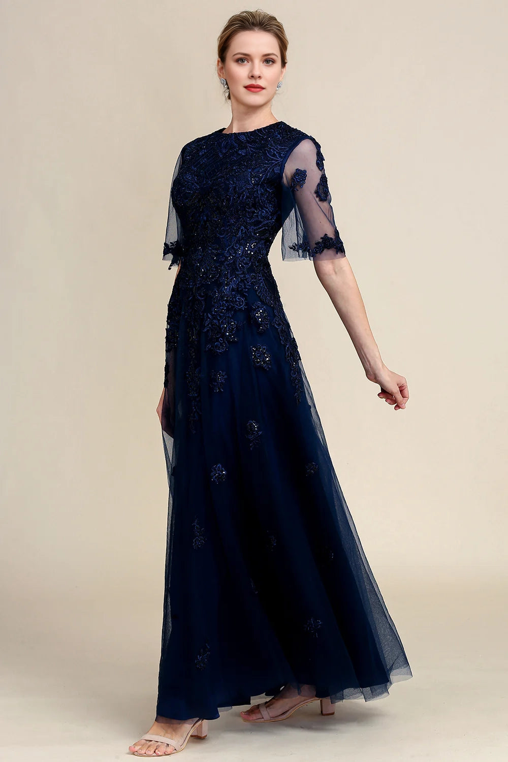Navy A Line Beading Sparkly Mother Of Bride Dress with Appliques