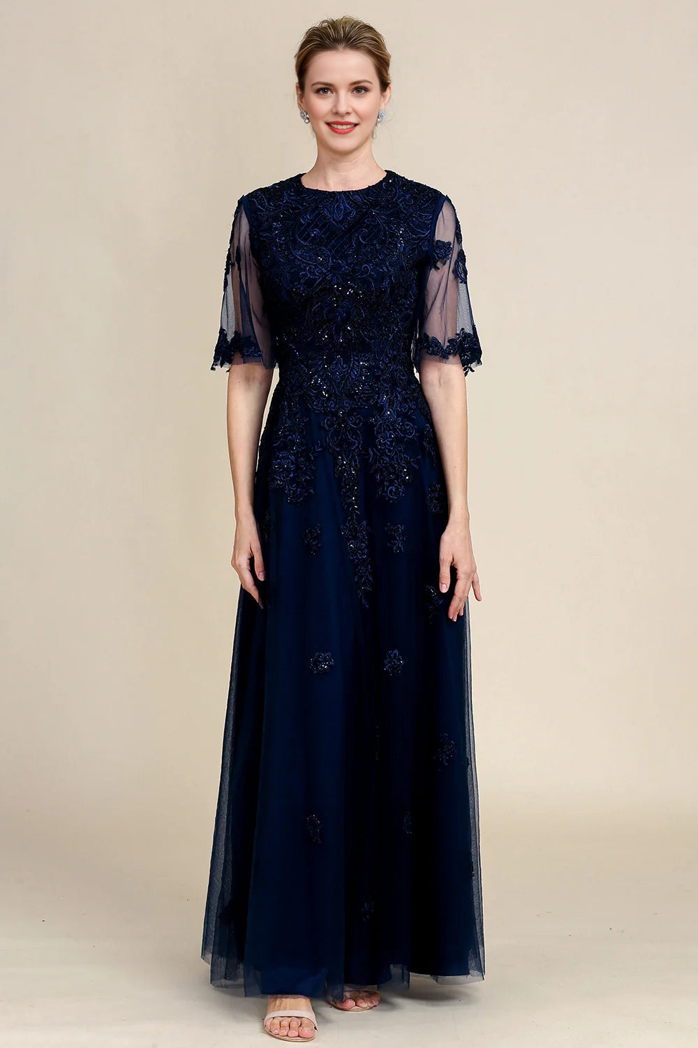 Navy A Line Beading Sparkly Mother Of Bride Dress with Appliques