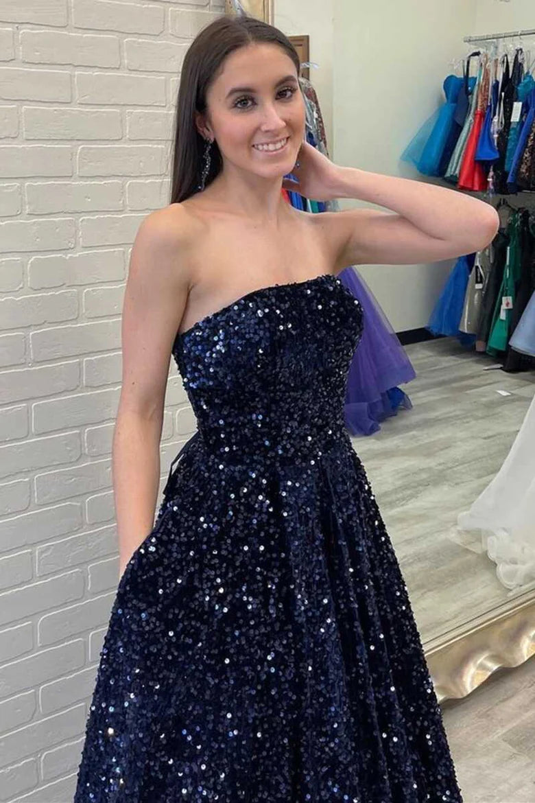 Navy Blue Sequin Strapless A-Line Long Prom Gown