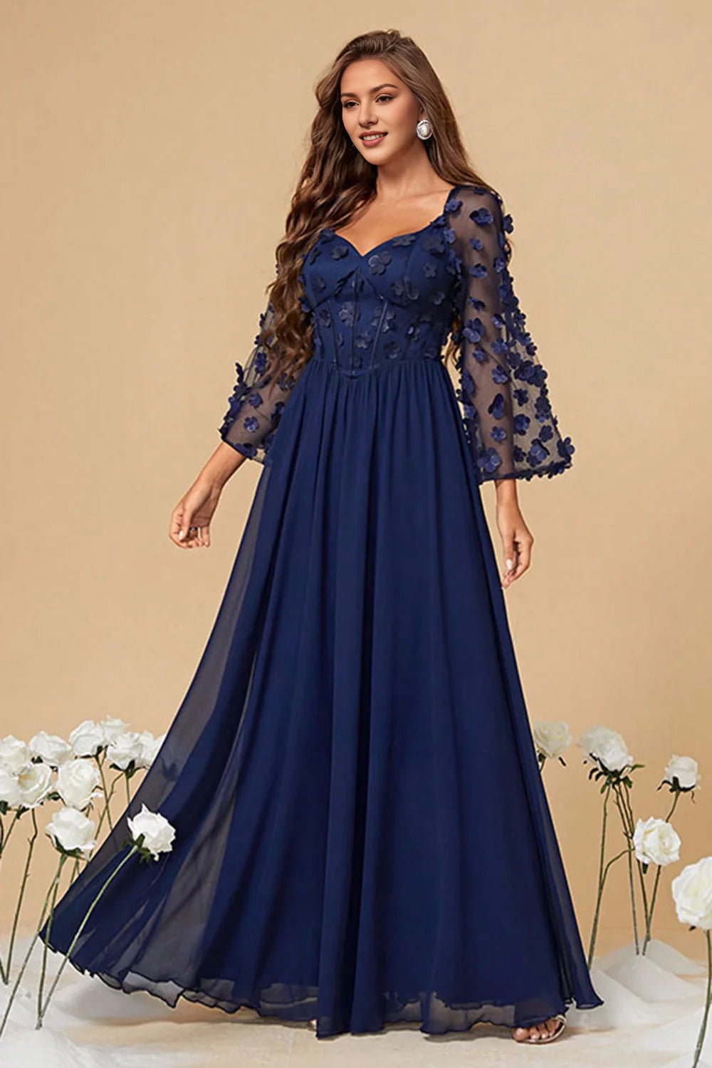 Navy Corset A Line Long Mother Of The Bride Dress With 3D Flowers