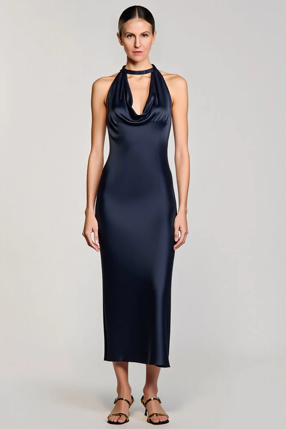 Navy Halter Bodycon Satin Tea-Length Wedding Guest Dress