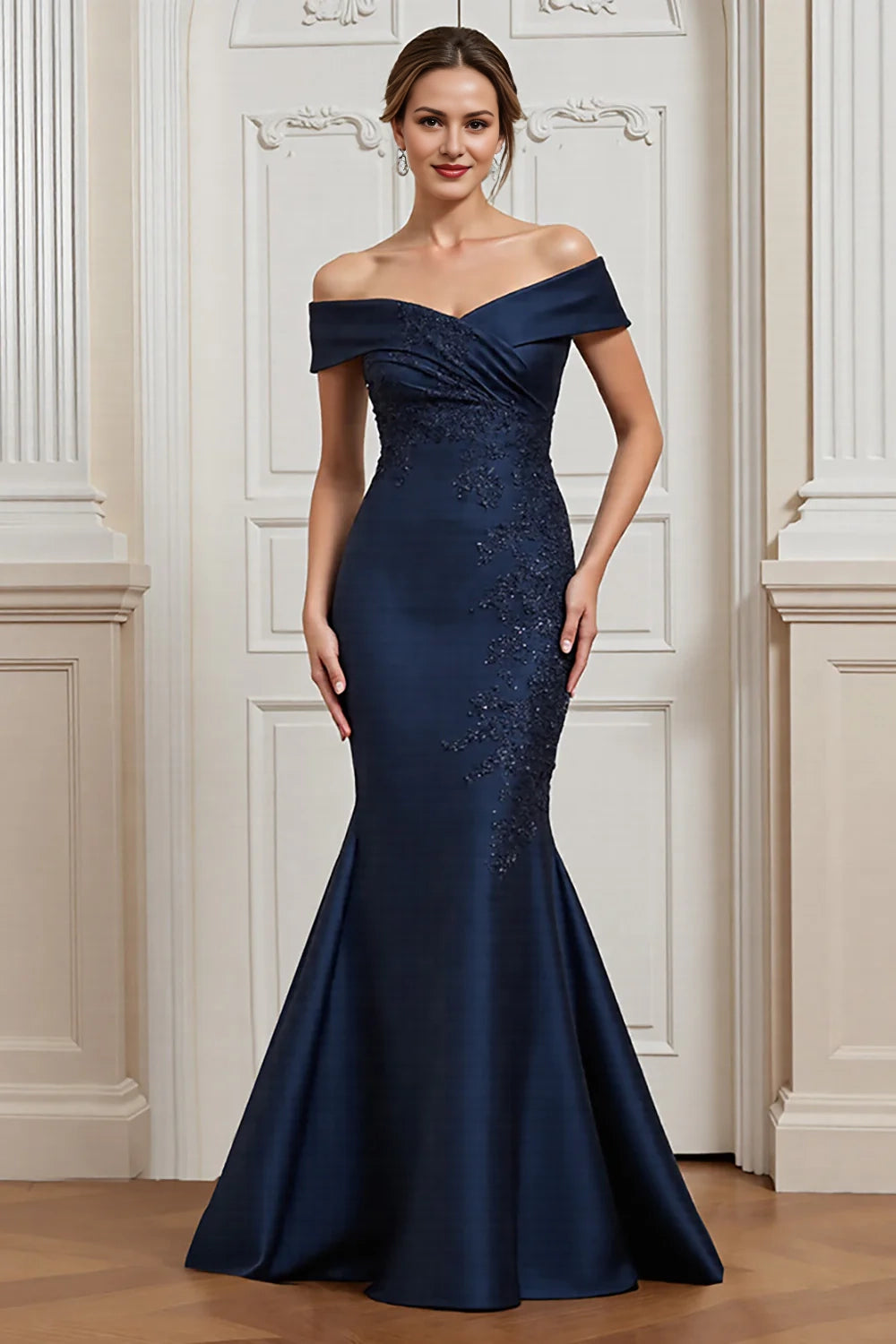 Navy Mermaid Off The Shoulder Mother Of The Bride Dress With Appliques