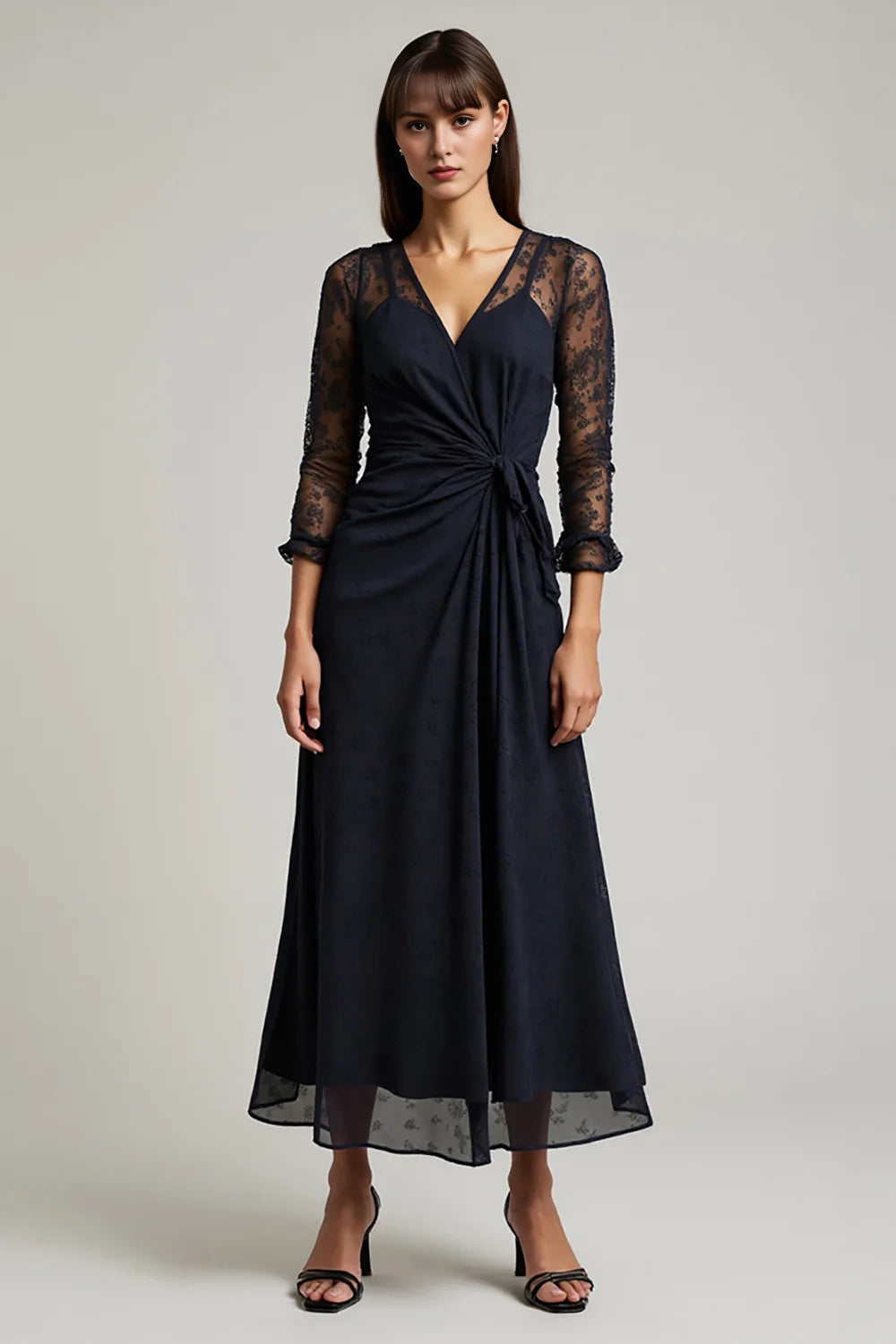 Navy Ruched V Neck A Line Mother Dress