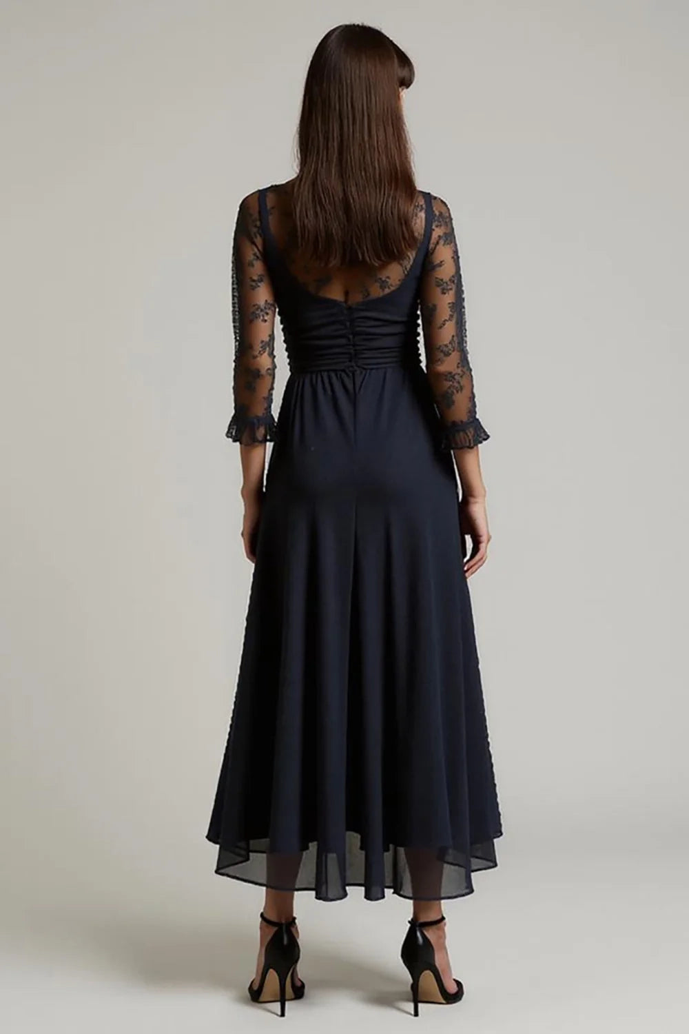 Navy Ruched V Neck A Line Mother Dress