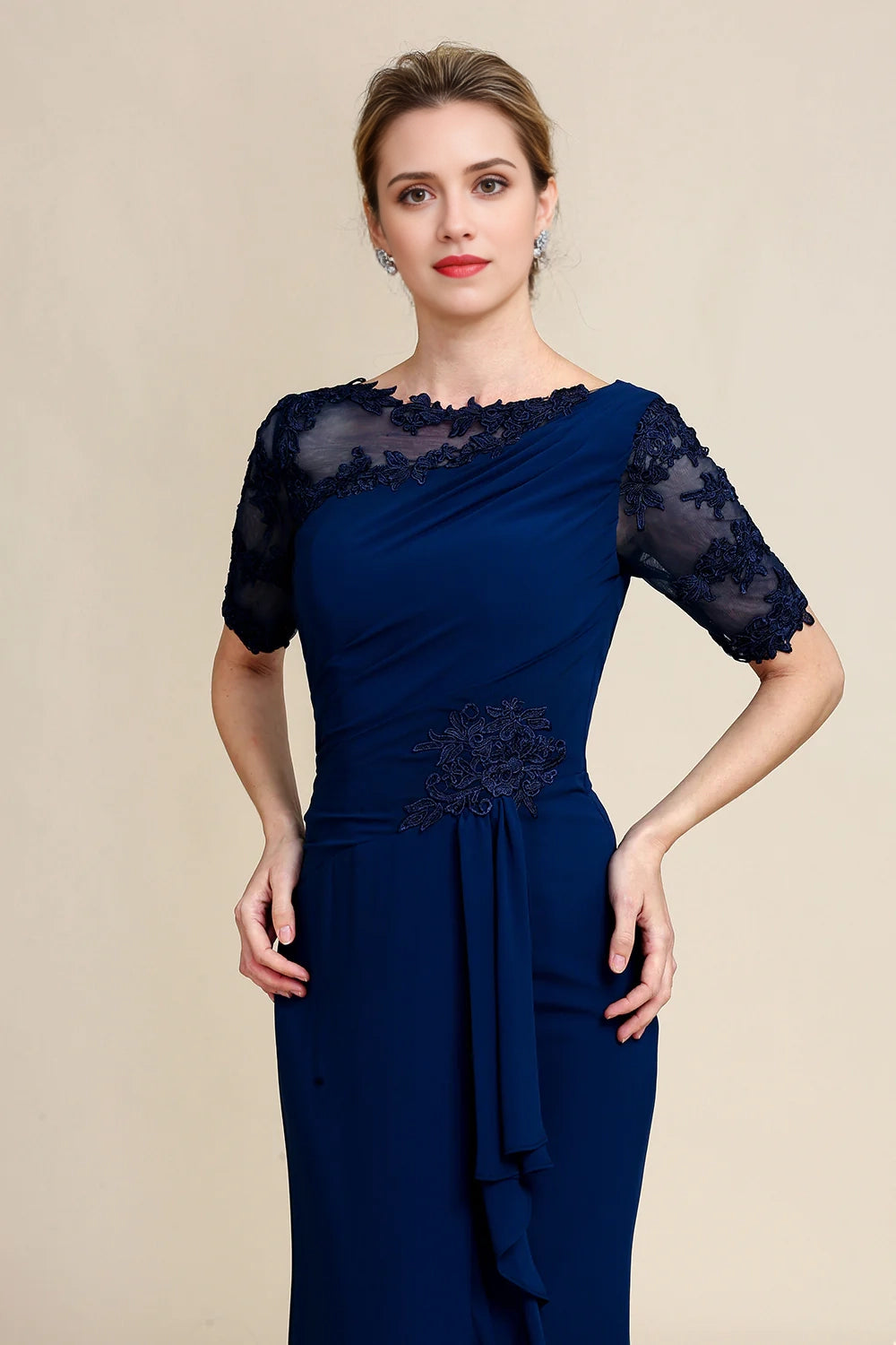 Navy Sheath Floor Length Mother of Bride Dress with Appliques