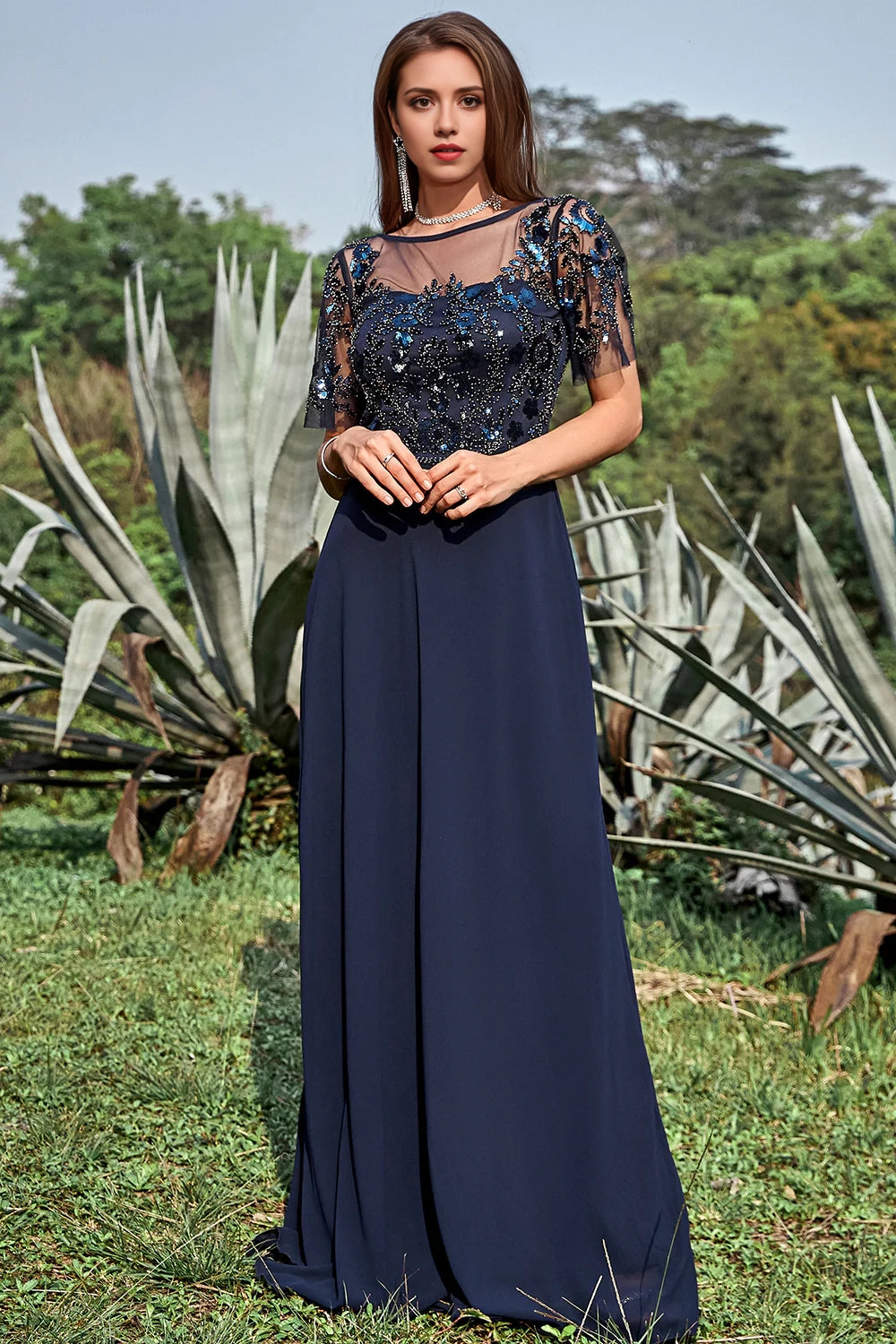 Navy Sheath Round Neck Appliques Sequin Floor Length Dress