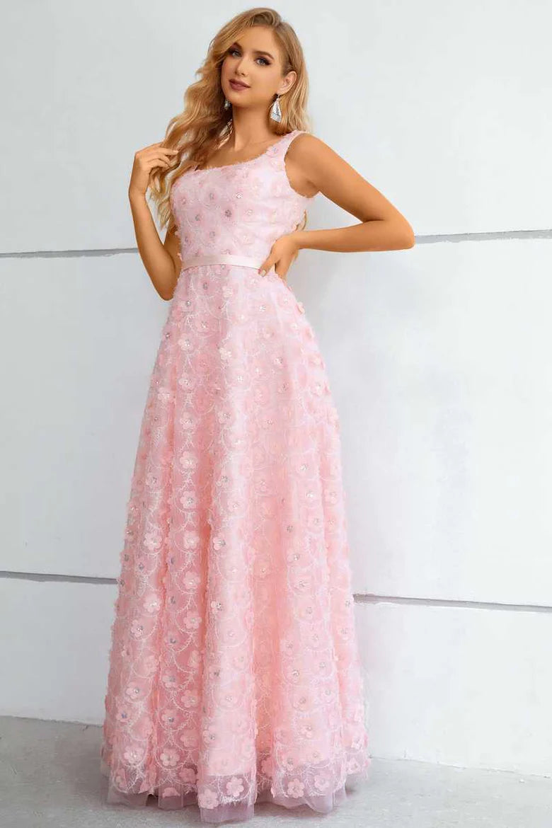 Pink 3D Floral Lace Square Neck A-Line Prom Dress