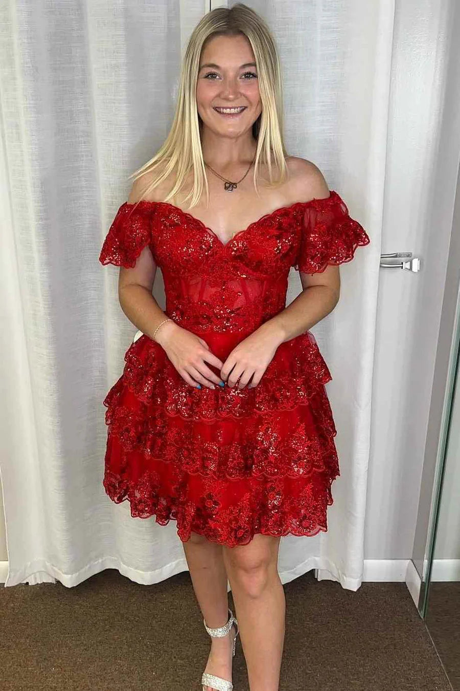 Off-Shoulder A-Line Sequins Appliques Tiered Short Homecoming Dress