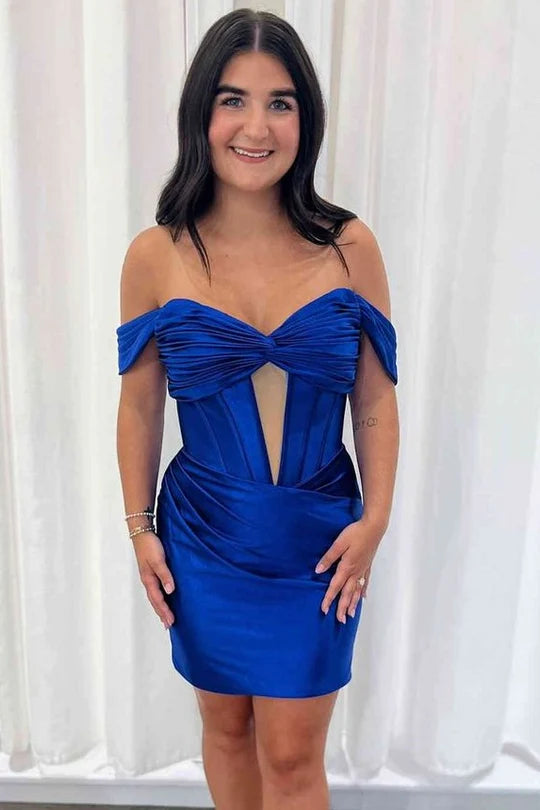 Off-Shoulder Keyhole Satin Bodycon Sleeveless Pleats Mini Homecoming Dress