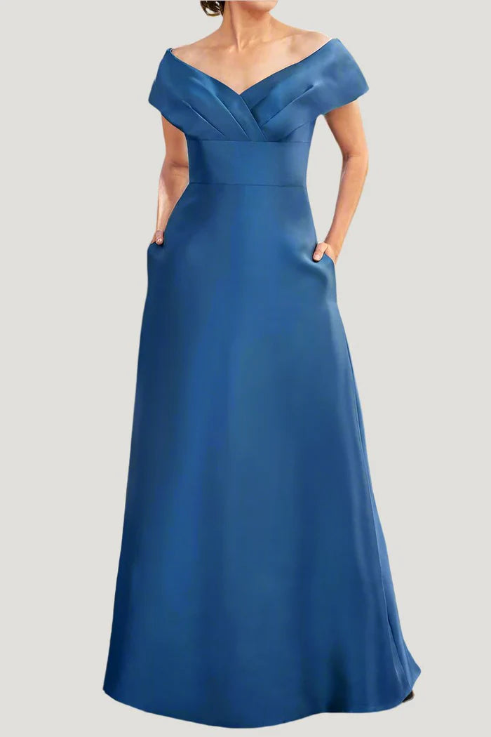 Off-the-Shoulder Satin Mother of The Bride Dresses with Pockets