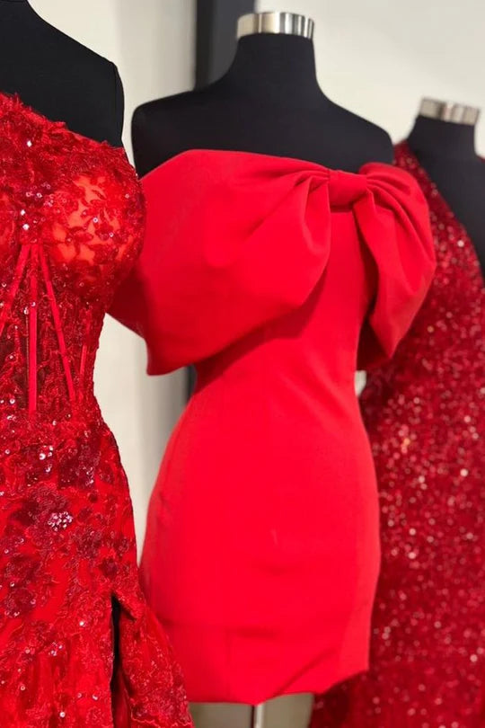 Off-the-Shoulder Satin Short Homecoming Dress with Bow