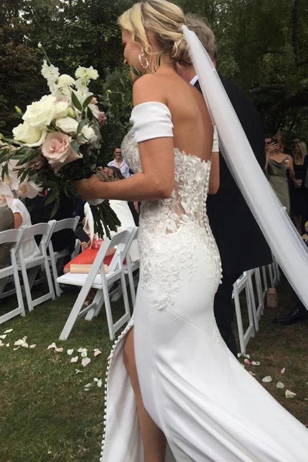 Off Shoulder Sweetheart A Line Wedding Dresses with Split