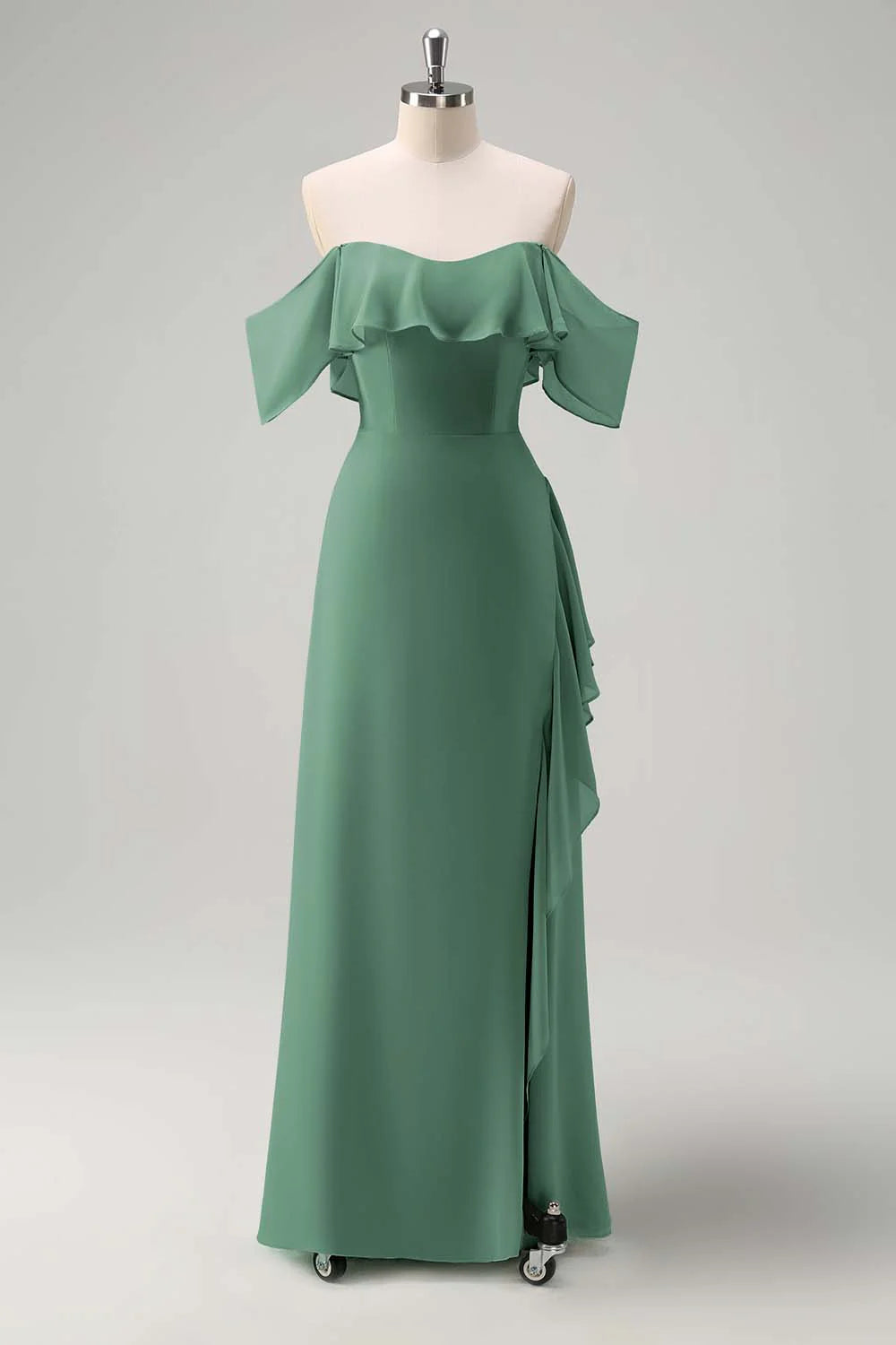 Off shoulder chiffon long bridesmaid dress with ruffles