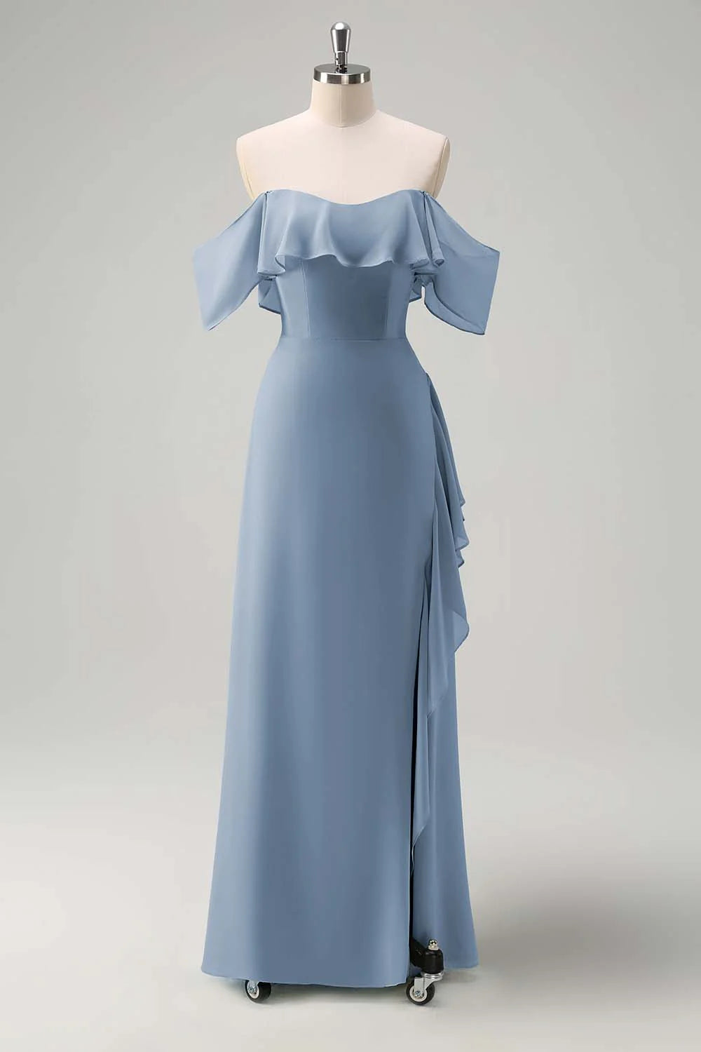 Off shoulder chiffon long bridesmaid dress with ruffles