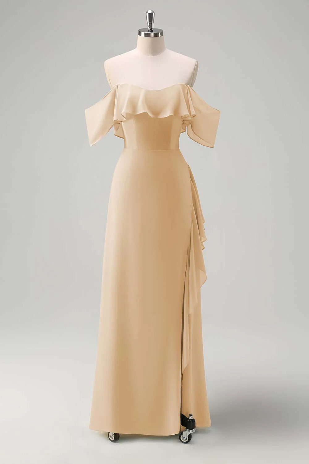 Off shoulder chiffon long bridesmaid dress with ruffles