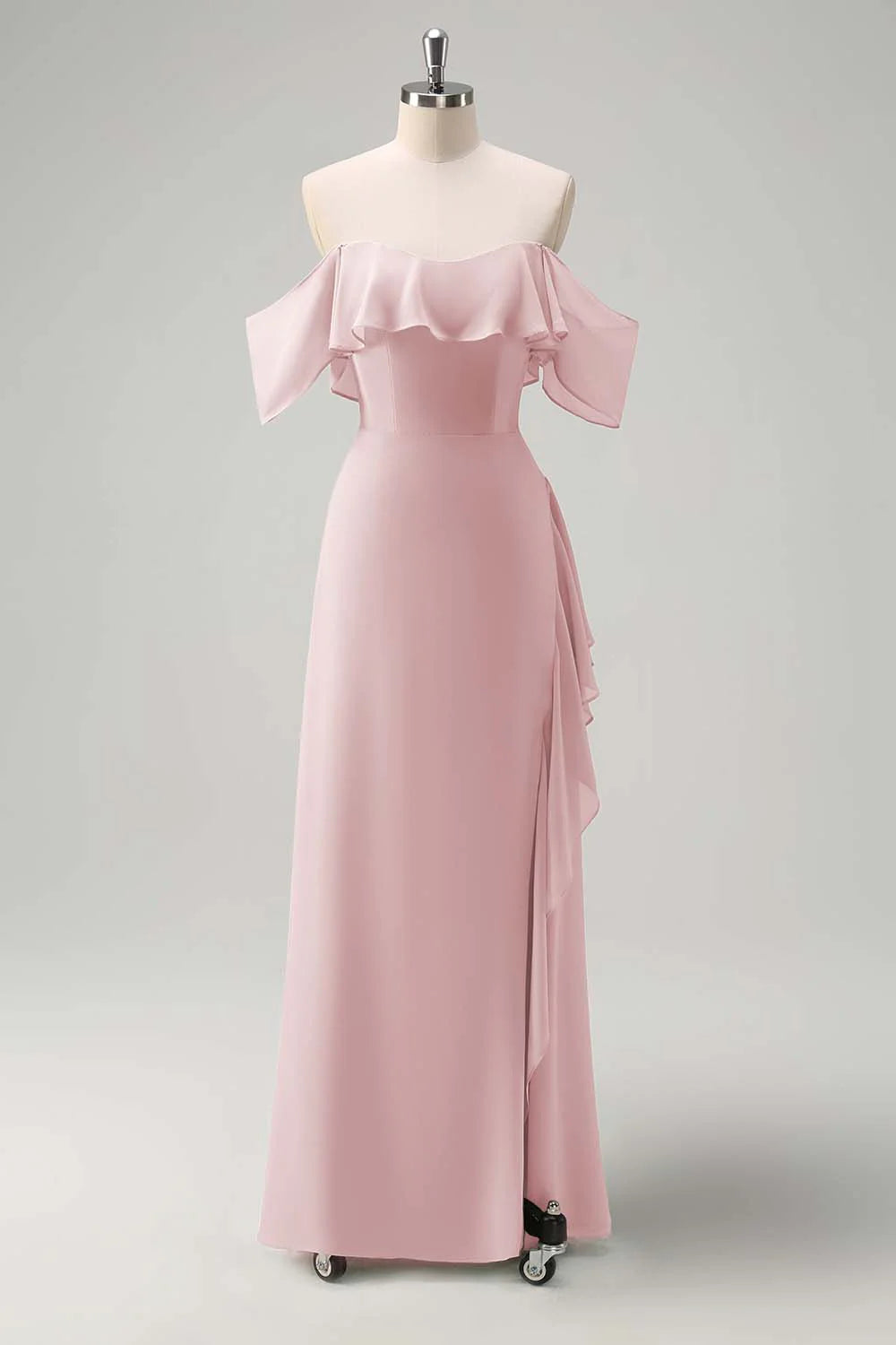 Off shoulder chiffon long bridesmaid dress with ruffles