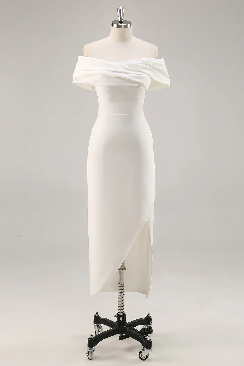 Off the Shoulder Sheath Satin White Graduation Dress With Slit