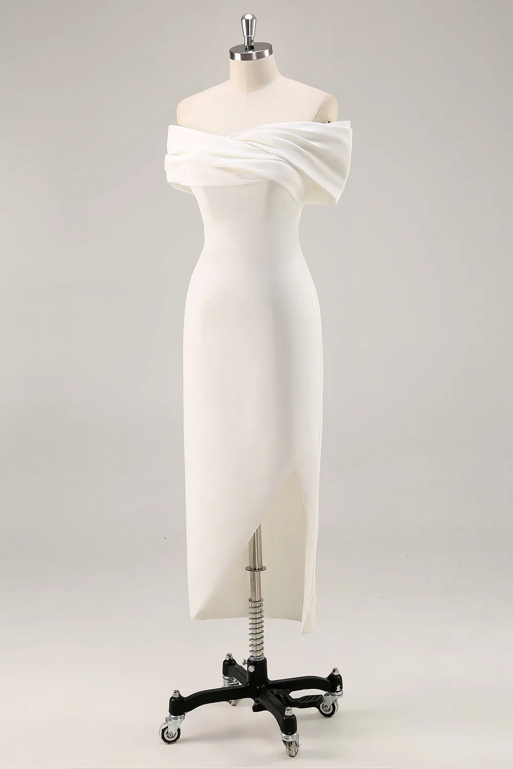 Off the Shoulder Sheath Satin White Graduation Dress With Slit