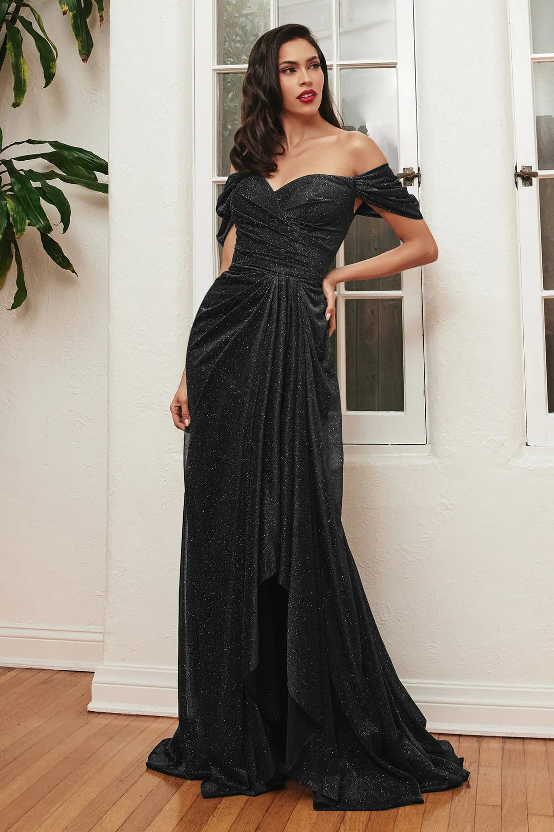 One shoulder V-neck A-line dress with side slit