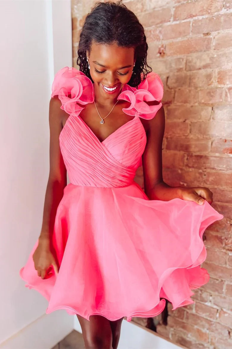 Organza Surplice-Neck Short Party Dress with Ruffles