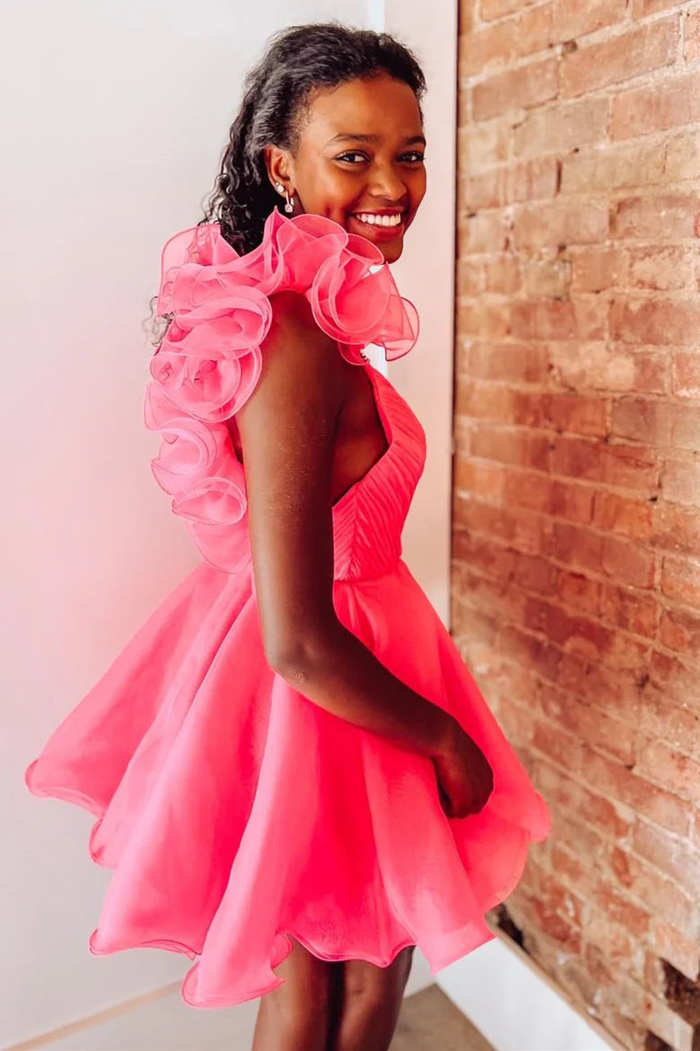 Organza Surplice-Neck Short Party Dress with Ruffles