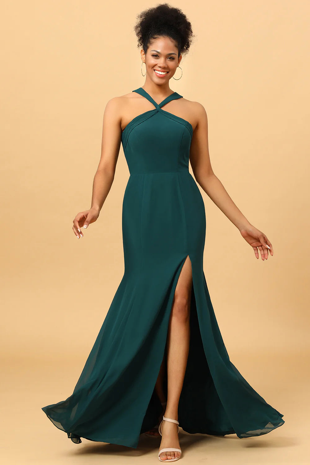 Mermaid suspender chiffon long bridal dress with side slit